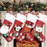COOLWUFAN Christmas Stockings 4 Pack, 19'' Xmas Stockings with Snowflake Santa Snowman Reindeer Penguin and Plush Faux Fur Cuff Stockings for Stairs Fireplace Hanging Xmas Home Decor