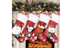 COOLWUFAN Christmas Stockings 4 Pack, 19'' Xmas Stockings with Snowflake Santa Snowman Reindeer Penguin and Plush Faux Fur Cuff Stockings for Stairs Fireplace Hanging Xmas Home Decor