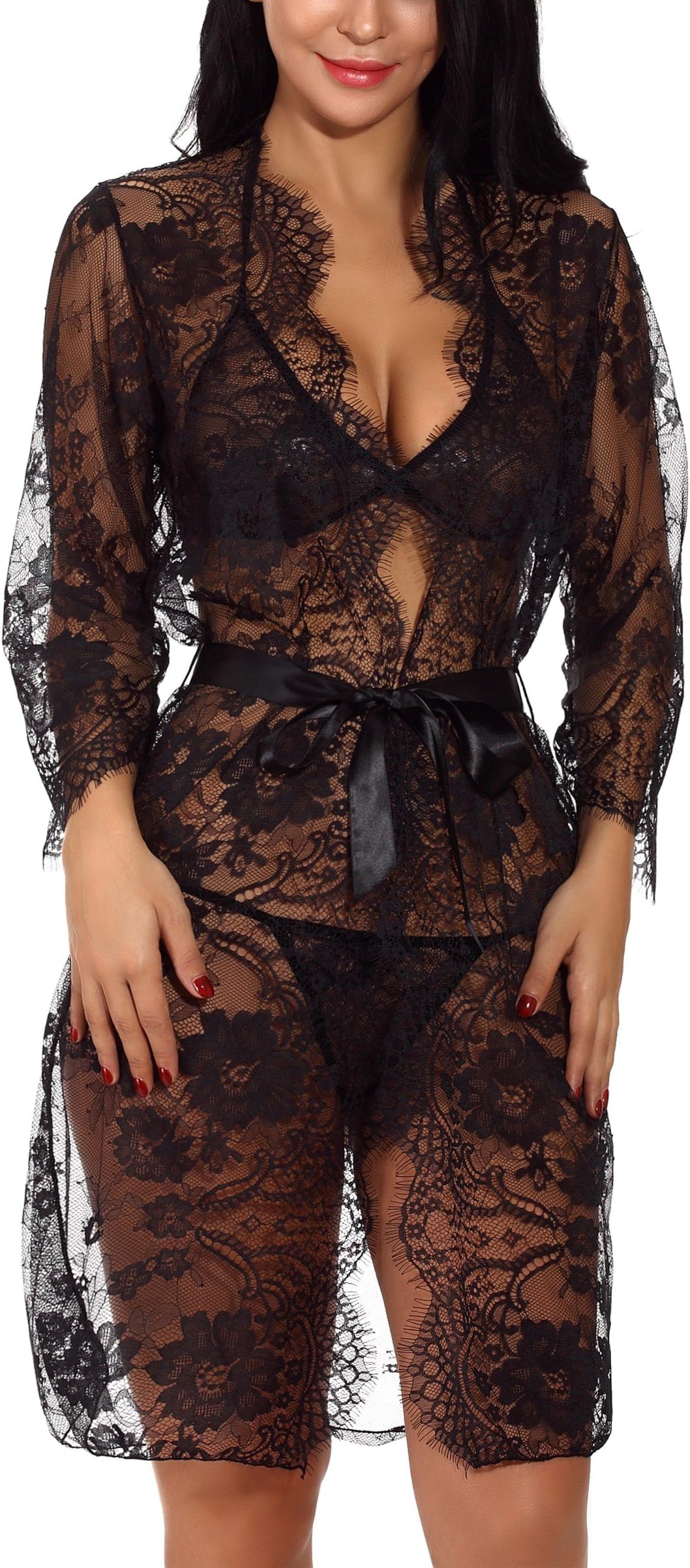 XYlove Women's Sexy Lace Long Robe Lingerie Set(4 Pieces)