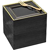WDF 200PCS Black and Gold Plastic Dessert Plates with Plastic Forks -6’’ 100 Square Disposable Appetizer Plates Small Plate Cake Plate with Gold Rim for New Year