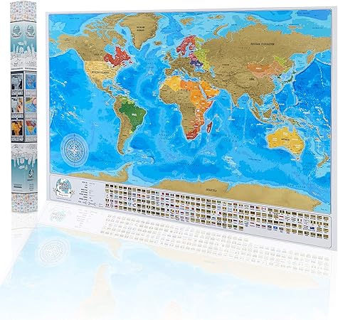 Mapa del mundo para rascar el viaje, mapa personal de viaje, póster con banderas en caja