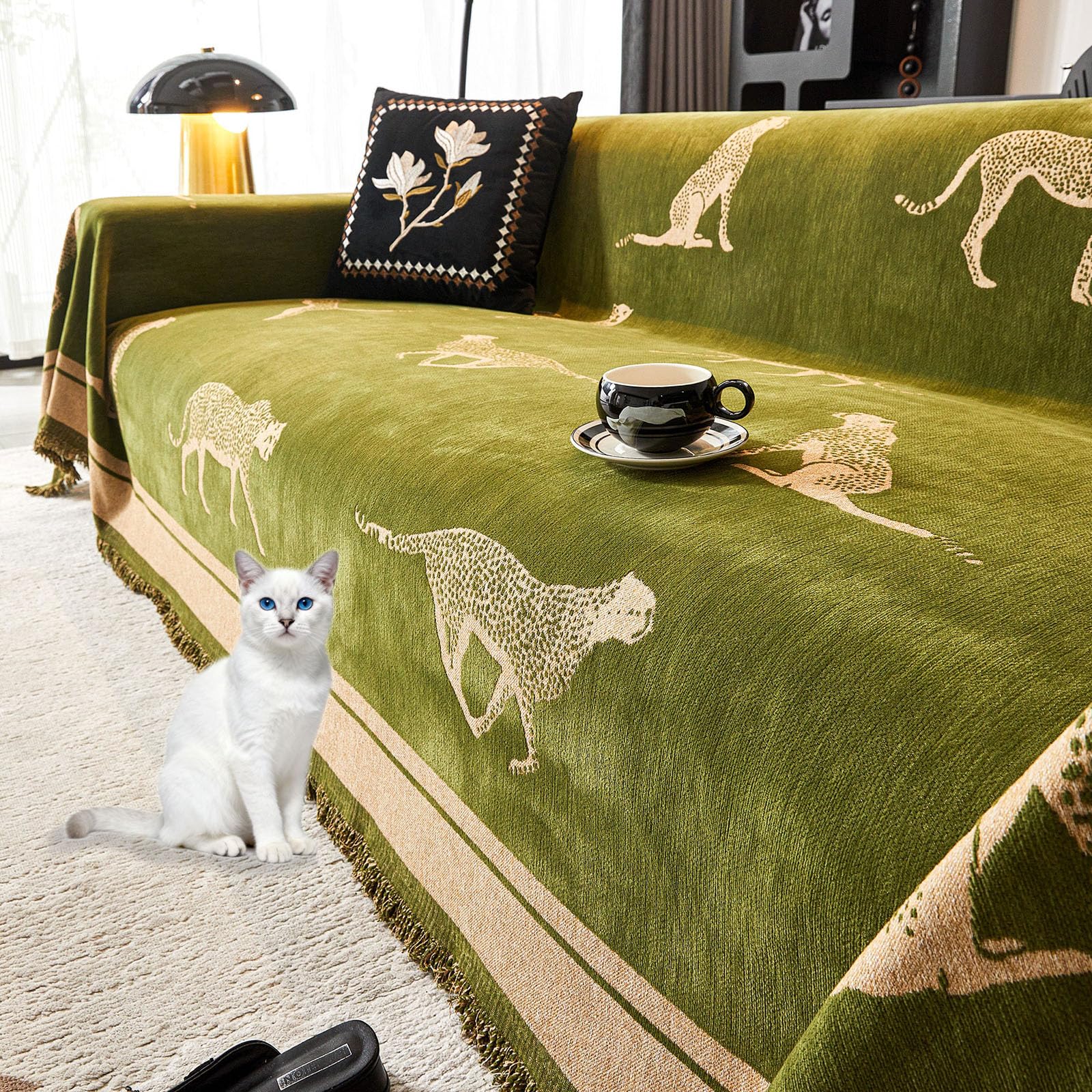 Photo 1 of EvaLoome Chenille Sofa Cover with Tassels, Non-Slip Couch Cover for 3/4 Seat Sofas, Washable Furniture Protector for Pets & Kids, Modern Leopard Pattern Chenille Blanket (Green, 71"x165")