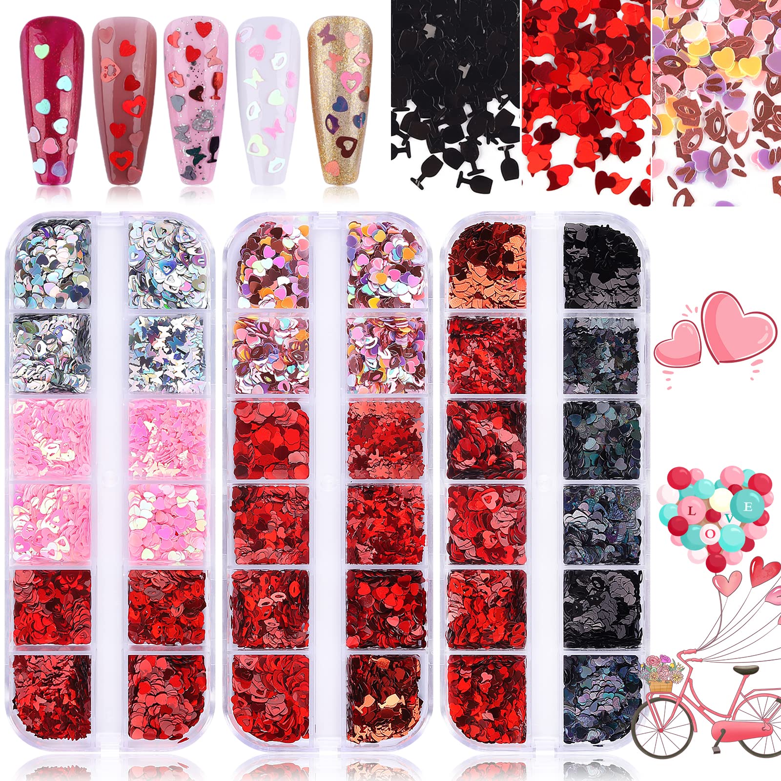 Kalolary 36 Grid Holographic Heart Nail Art Sequins, 3D Heart Glitters Nail Sequins Colorful Confetti Glitter Nail Flakes Acrylic Paillettes for Valentine's Day Nail Art Decoration (Colorful E)