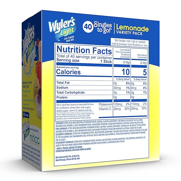 WYLER’S LIGHT LEMONADE VARIETY PACK, 40 CT SINGLES TO GO POWDER PACKETS, WATER DRINK MIX, VARIETY PACK, PINK, STRAWBERRY & BLUEBERRY LEMONADE, SUGAR & CAFFEINE FREE, ON-THE-GO,(PACK OF 1)