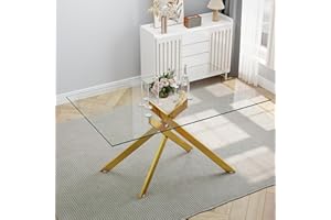 FammyLoft Glass Dining Table with Adjustable Feet, 51.18" Rectangle Kitchen Table with Tempered Glass Top, Modern Dining Room