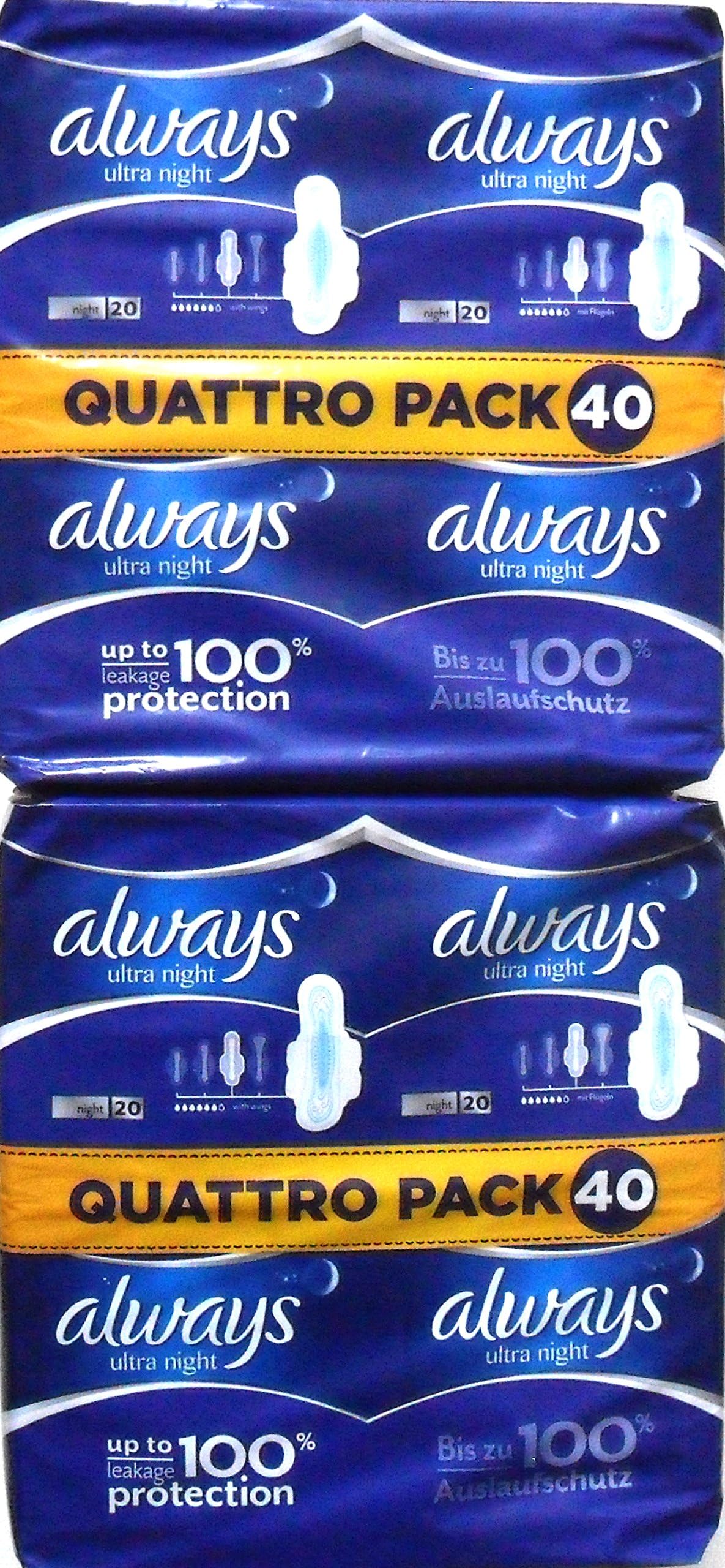 Always Ultra Night Sanitary Towels with Wings Up To 100% Leakage Protection 20 x 4 packs (80 Pads)