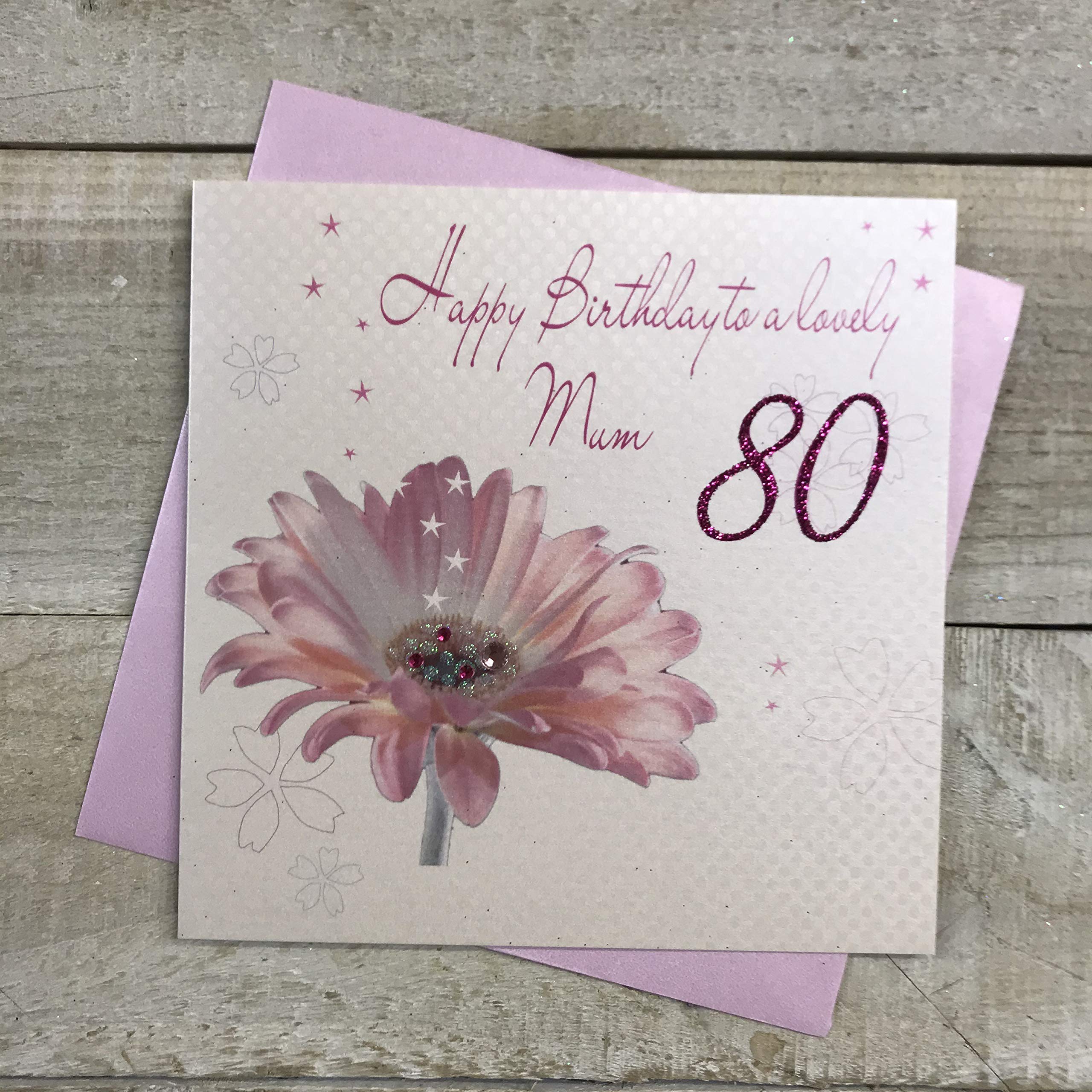 white cotton cards Happy 80th Birthday to a Lovely Mum Handmade Card Pink Gerbera Flower, DS24