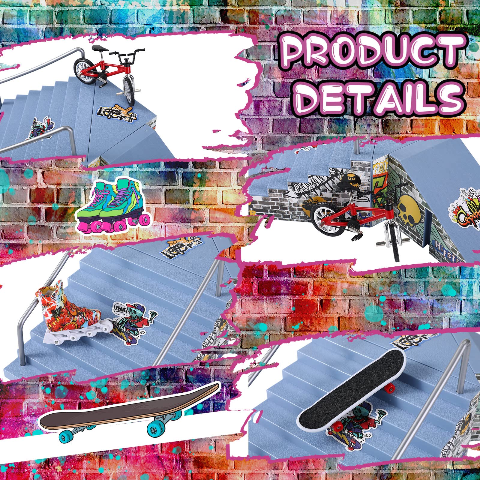 Civaner Fingerboard Skatepark Set 24 Pcs Mini Finger Toy with Finger Skateboards Ramp, Finger Bikes, Finger Scooter, Finger Skates for Skate Lovers Gift