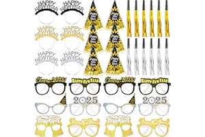 ERWEICET New Years Eve Party Supplies Decorations 2025, 36pcs New Years Headband Noise Makers Party Favors Black Gold Silver Happy New Year Cone Hats Cheers 2025 Glasses for New Years Eve Accessories Kit