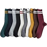 ACCFOD Womens Striped Crew Socks 5-10 Pairs Cute Retro Long Socks Vintage Fun Fashion Athletic Aesthetic High Socks for Women