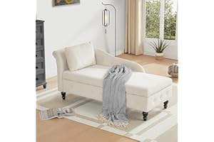 Iroomy Chaise Lounge Indoor with Storage, Upholstered Chaise Lounges Couch with Pillow for Living Room, Modern Nailhead-trimmed Tufted Lounge Chair, Bedroom and Office, Beige, Left Armrest