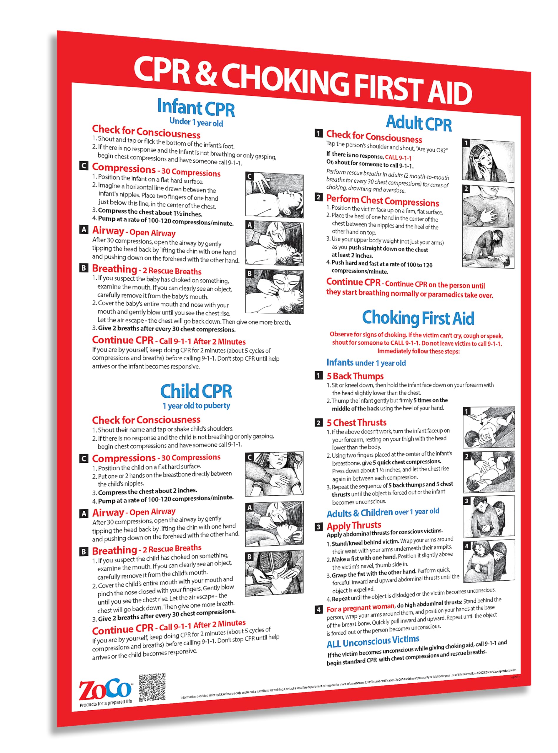 CPR Poster - Heimlich Maneuver Restaurant Sign - Laminated, 17 x 22 inches - Infant, Child, Adult CPR and Choking First Aid Poster - School Nurse Office Decor
