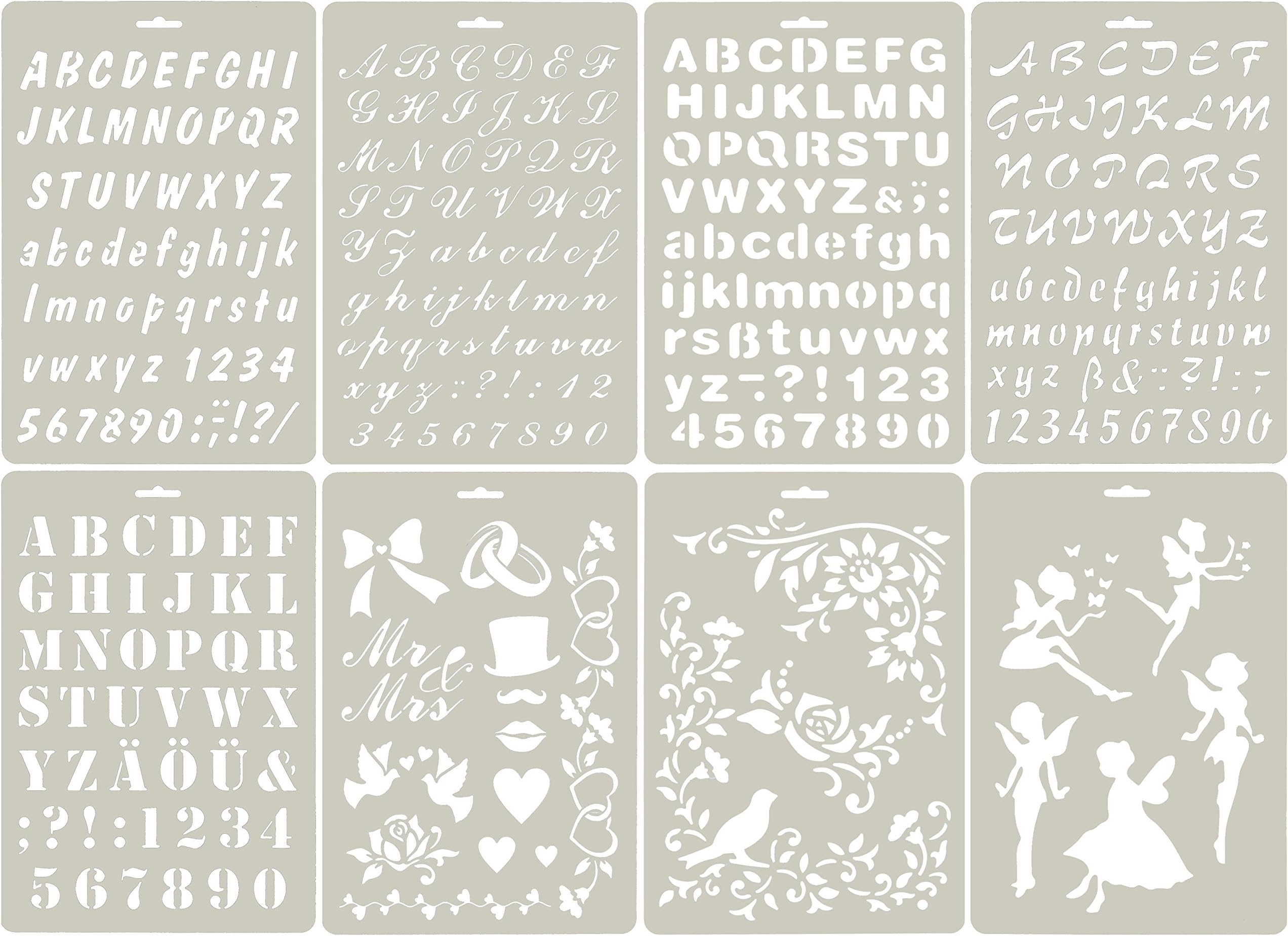 SKATAN 8Pcs Drawing Painting Stencils , Fits a Wide Range of Scrapbooking, Crafting, Cards, Include 5 Letter Nunber & 3 Graphics