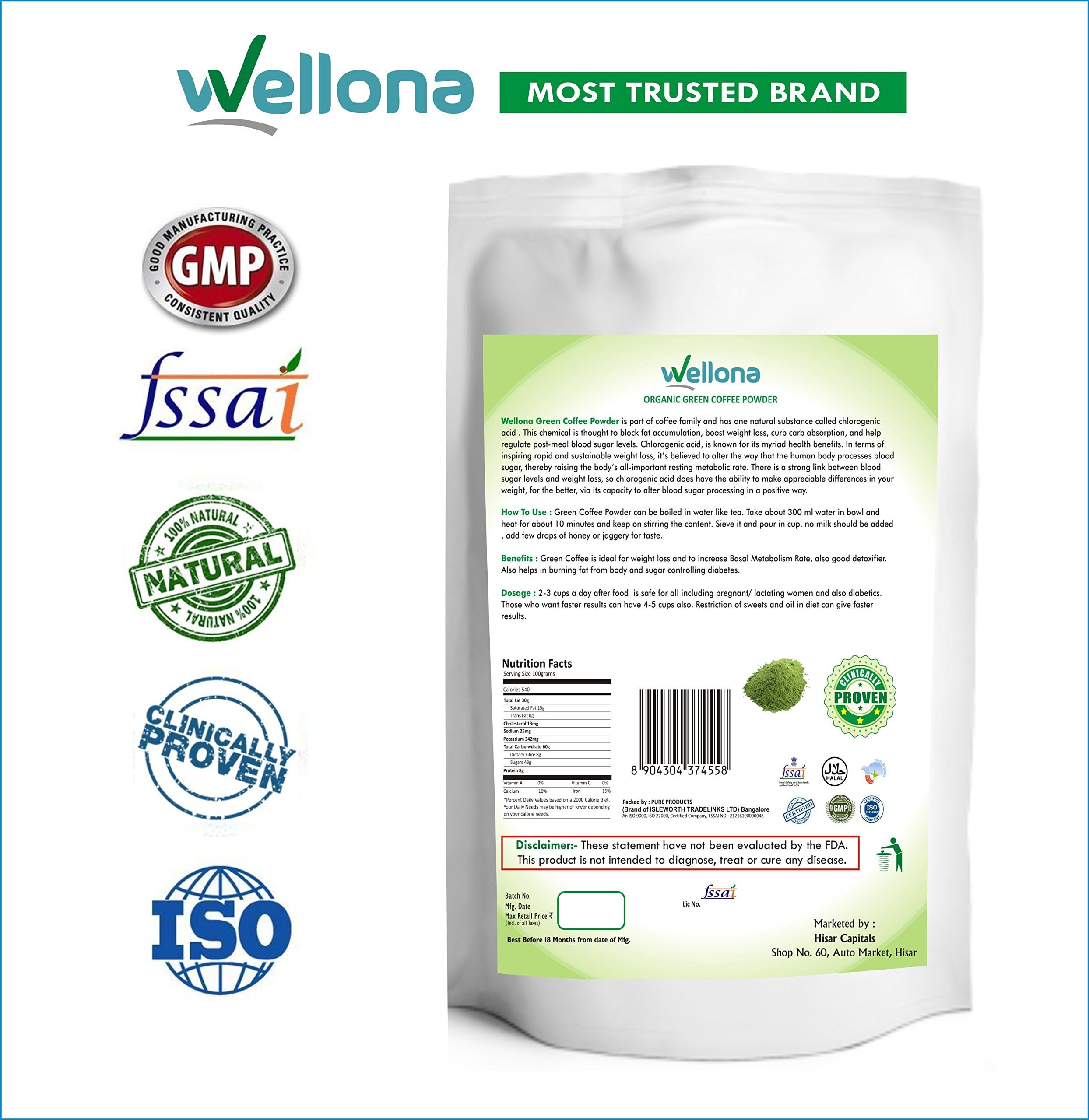 Wellona 100% Pure Organic Green Coffee Beans Powder Decaffeinated & Unroasted For Weight Management 200 Gm