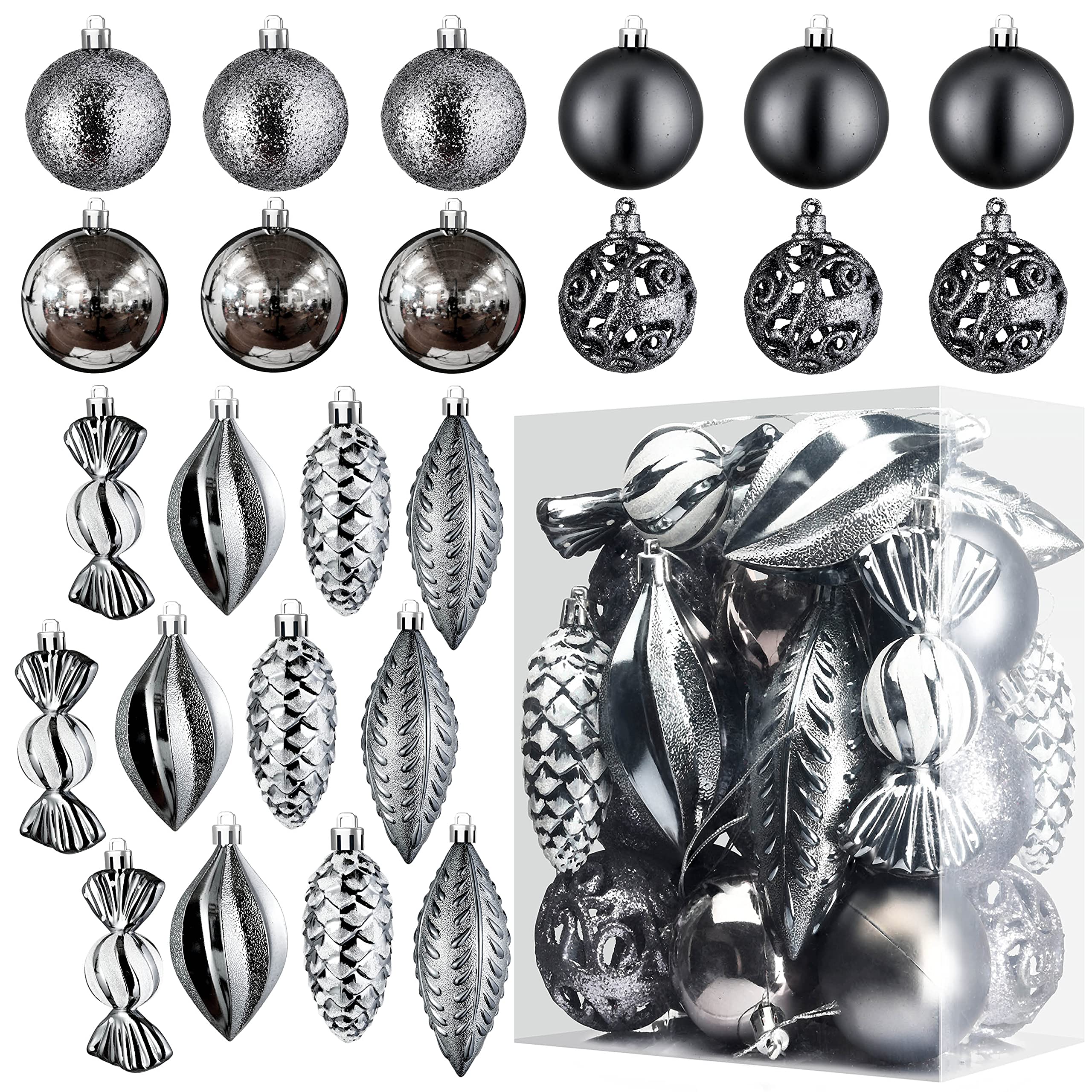 Prextex Grey 24-Piece Shatterproof Christmas Ornaments - Perfect Glitter Balls, Tree Baubles & Xmas Combo of 8 Styles