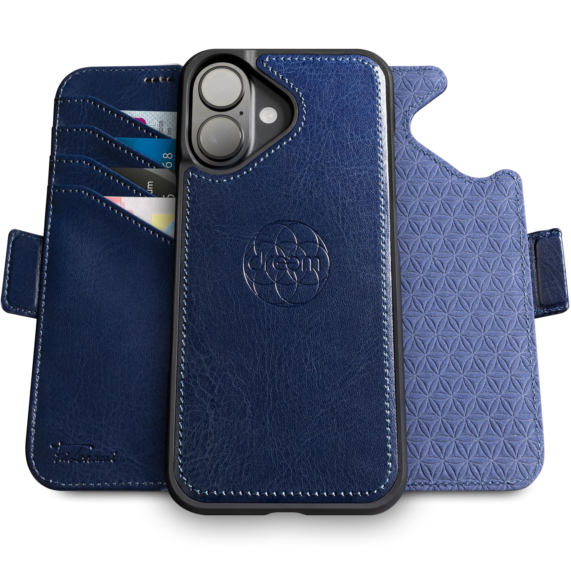 dreem Wallet Case for iPhone 16 Plus, Revolutionary Vert/Hor Phone Stand, Magnetic Detachable Vegan Leather Flip Cover RFID Blocking Card Holder, MagSafe-Fit, Gift Box [Fibonacci: Royal]