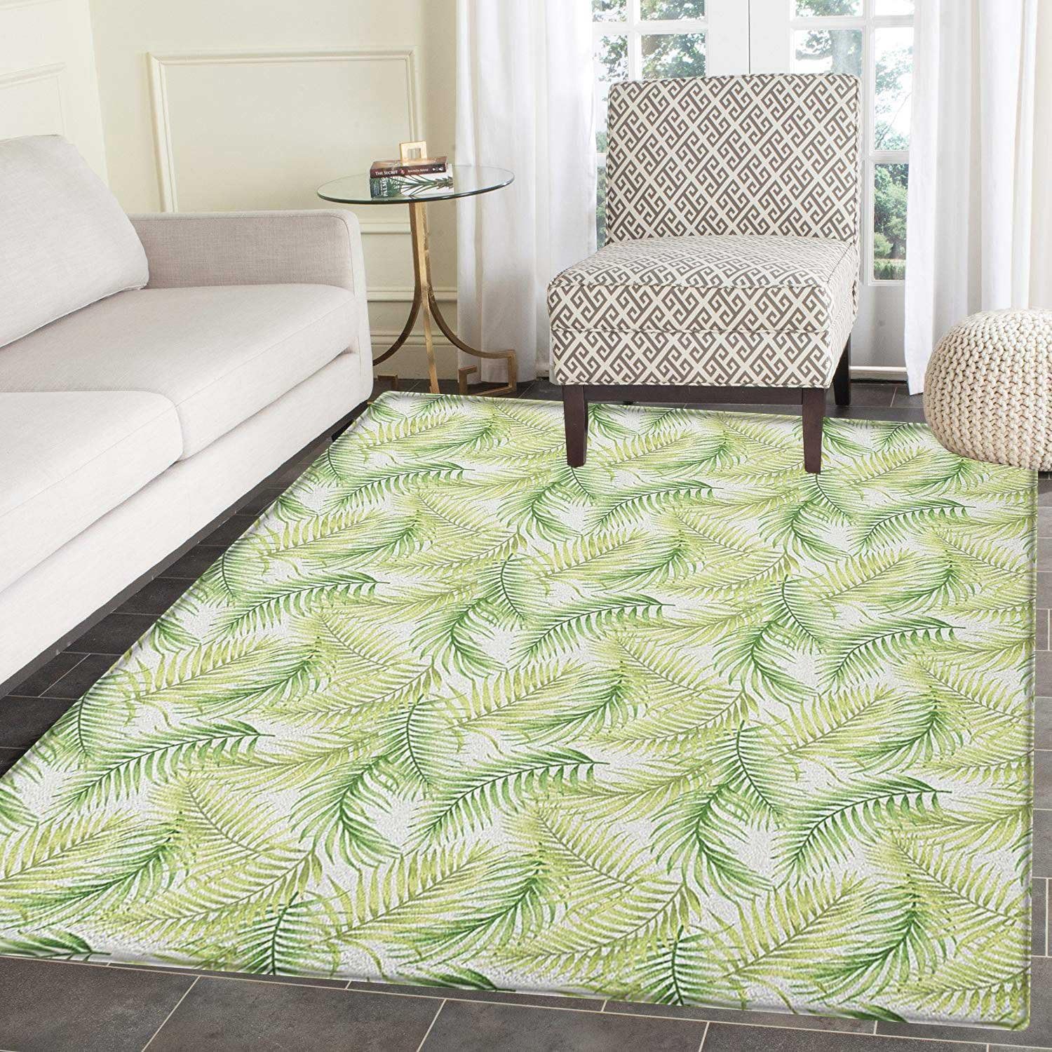 Palm Leaf Rugs For Bedroom Green Leaves Of Coconut Palms Watercolor Style Fresh Nature Pattern Circle Rugs For Living Room 3 X5 Fern Green Pale Green Amazon Co Uk Kitchen Home