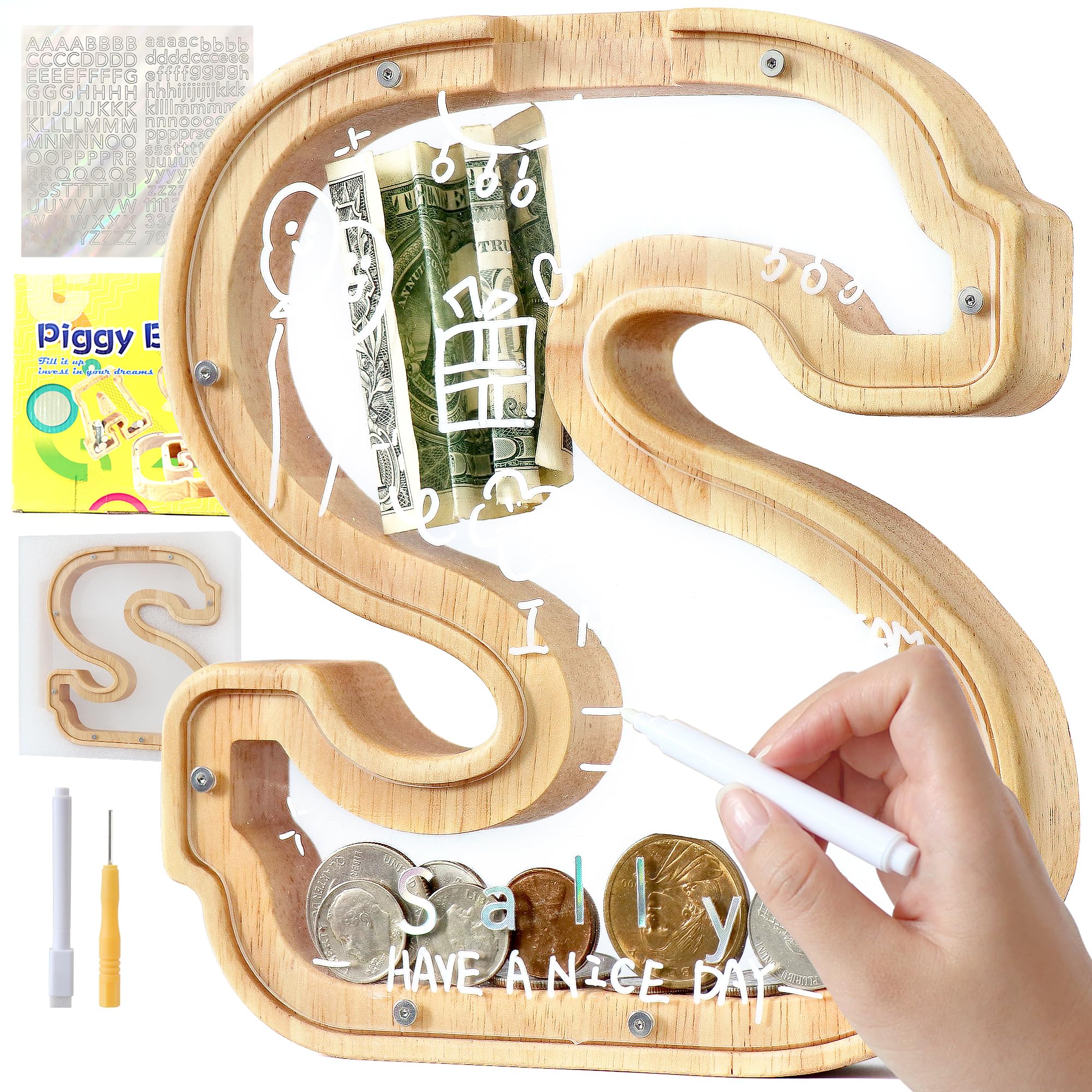 Mikytoper Letter Money Box for Kids Wooden Personalized A-Z Alphabet Piggy Bank Clear Money Bank Coin Bank for Gift Decoration Baptism (S)