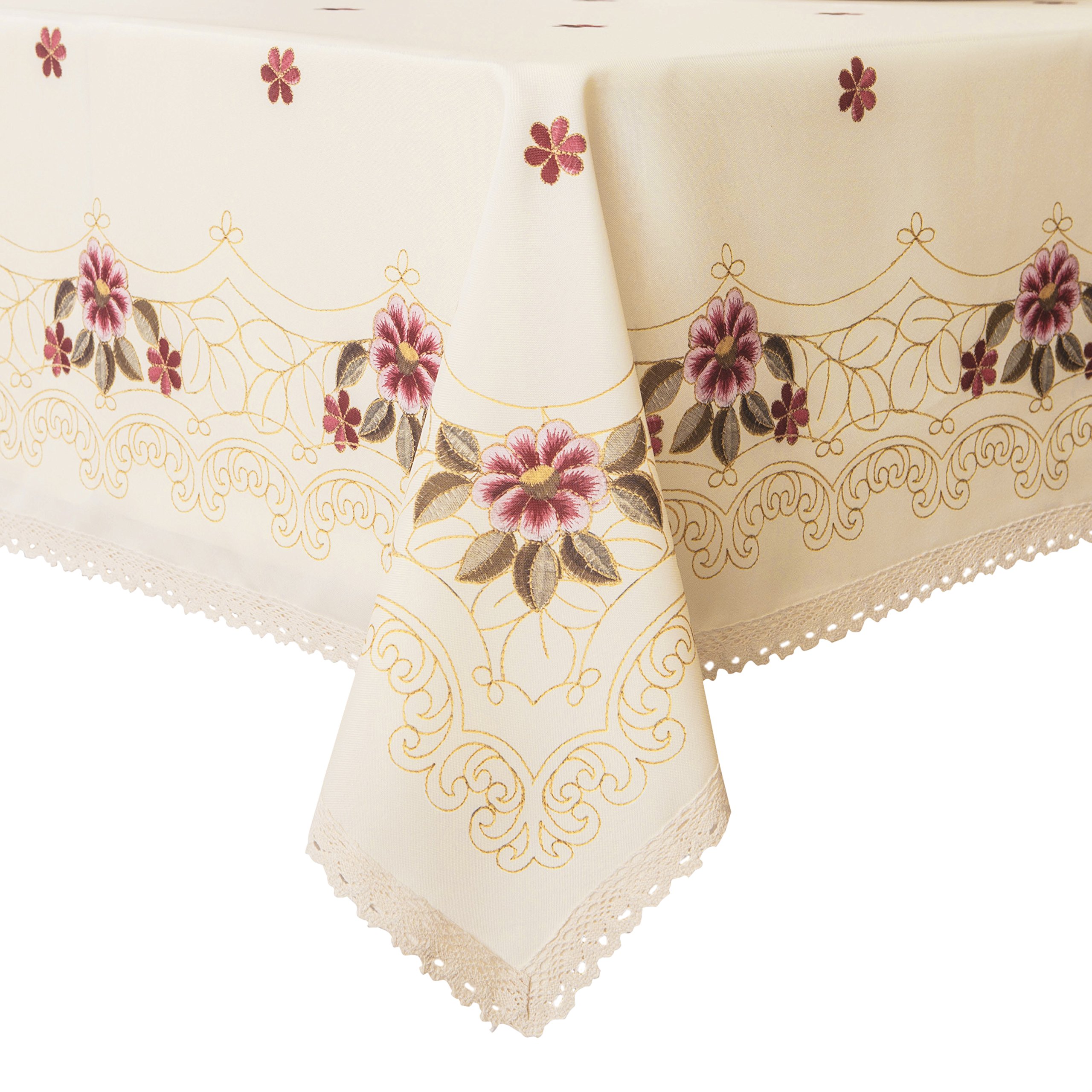 Decorative Red Floral Print Lace Water Resistant Tablecloth Wrinkle