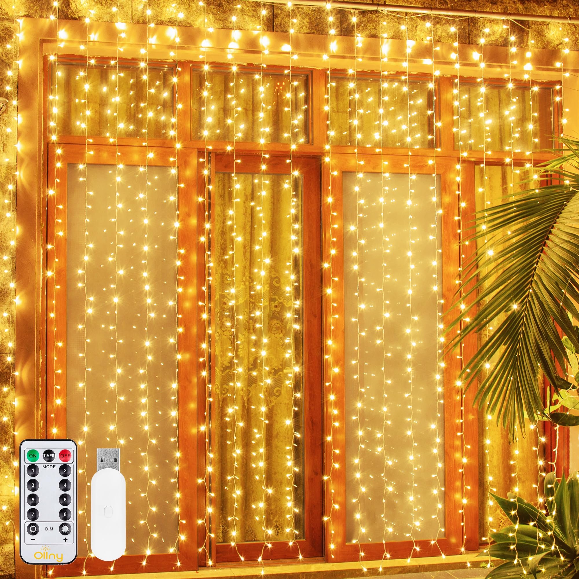 Ollny Curtain Lights Indoor, 300 LED 3m x 3m Fairy Lights USB Powered Waterfall Lights, Waterproof Warm White String Light with 8 Modes/Timer/Remote, Bedroom/Wall/House/Garden Decorations
