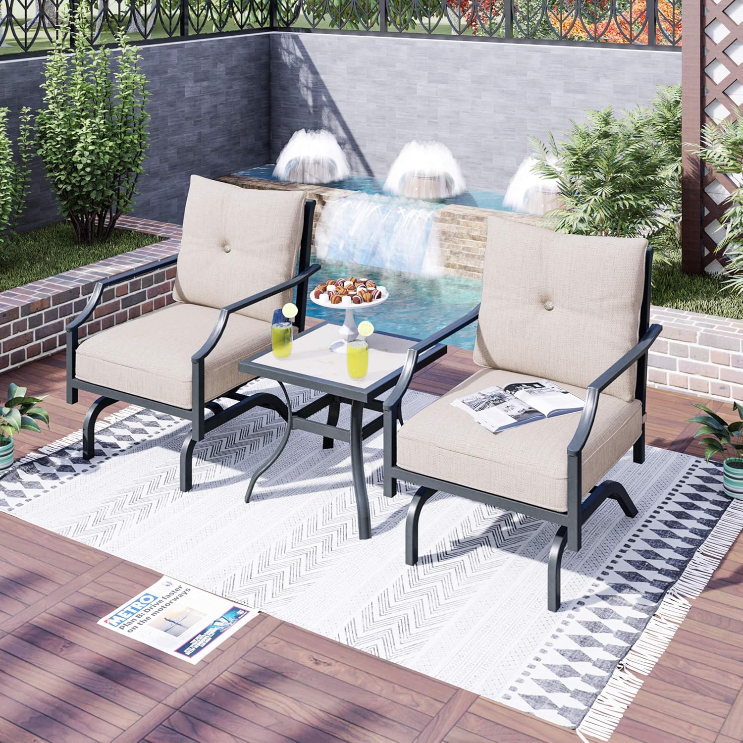 LOKATSE HOME 3 Pcs Patio Bistro Set Outdoor Conversation Furniture Metal Frame Armchair with Cushion & Square Coffee Table, Beige : Garden & Outdoor