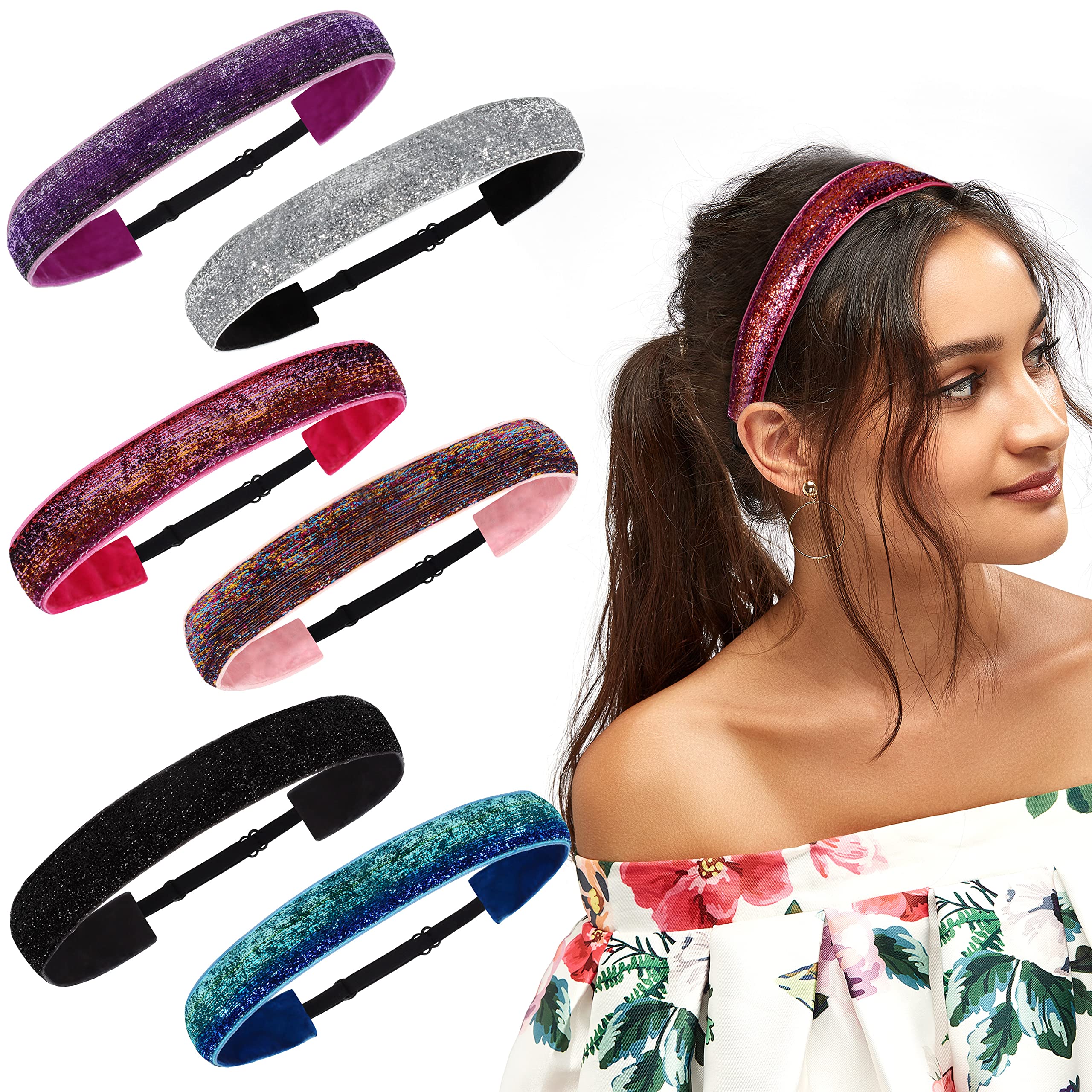 Belle Vous Glitter Elastic Headbands for Girls (6 pack) - Sparkly Stretch Adjustable Non Slip Velvet Head Bands - Fashion Hair Accessories for Gymnastics & Sport - Women Pink, Purple, black Hairband