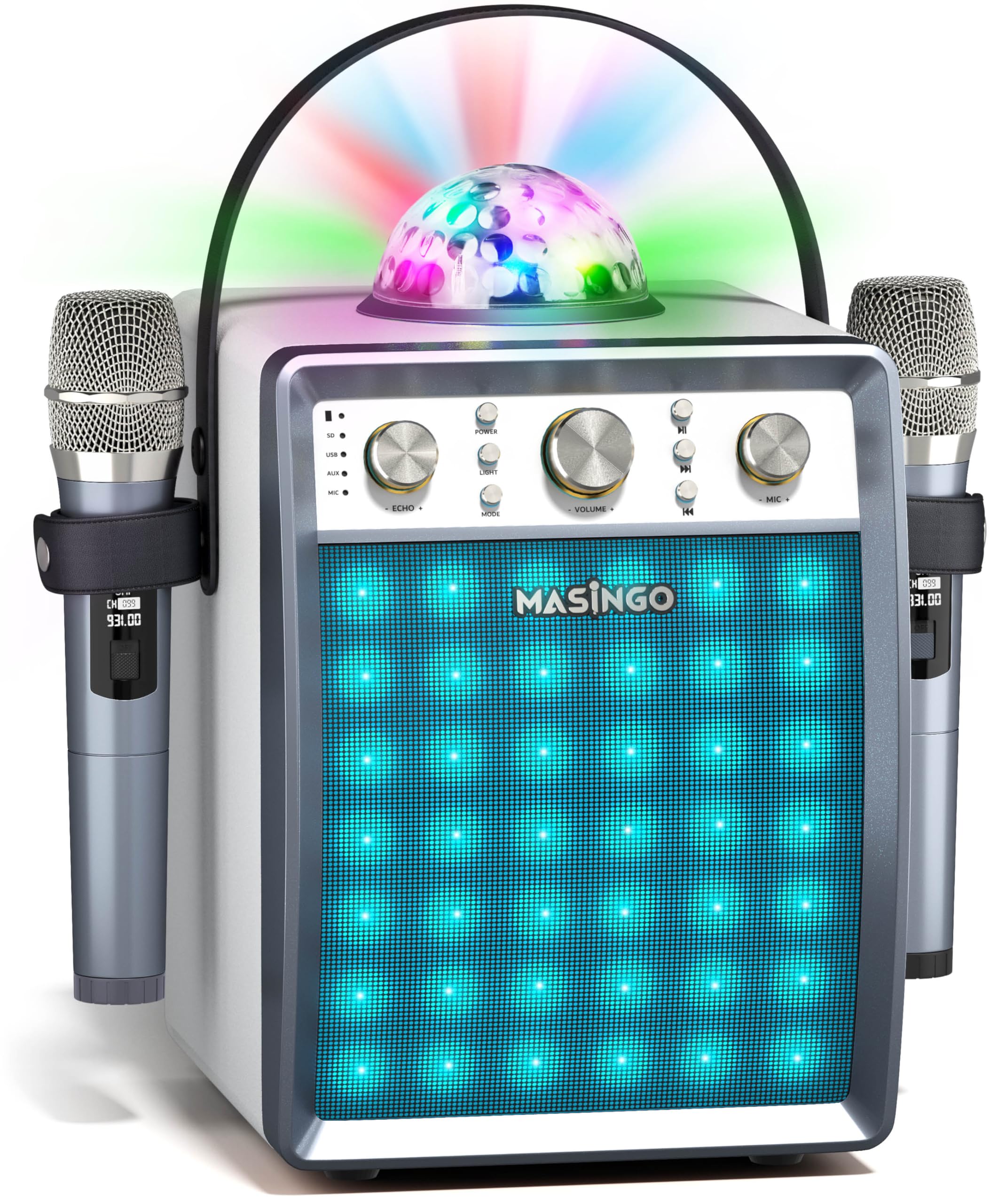 Photo 1 of MASINGO Karaoke Machine for Adults and Kids with 2 Wireless Microphones, Portable Singing PA Speaker System Set with Disco Ball Party Lights & TV Cable, Ostinato M7