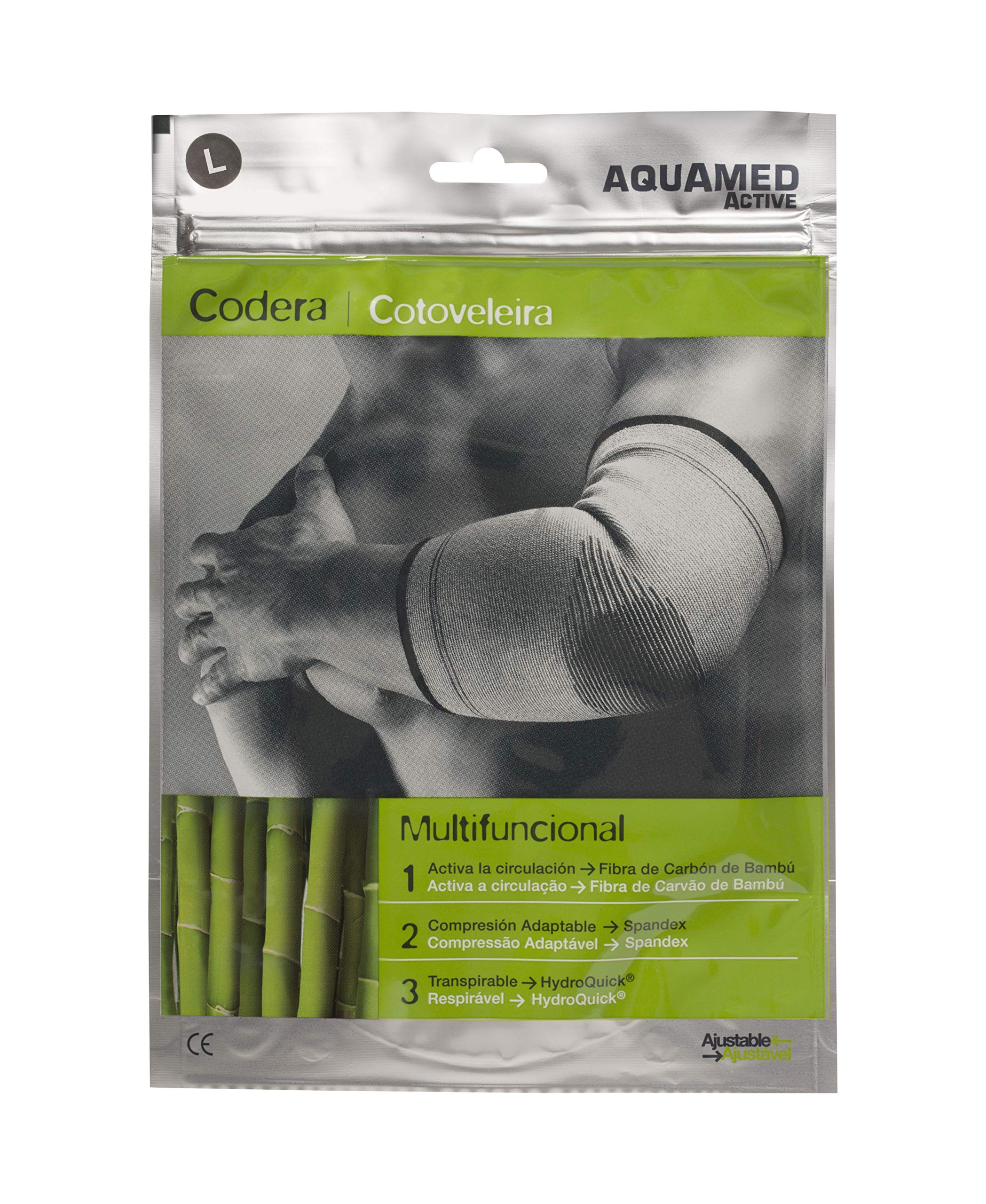 AQUAMED Active Elbow Brace - Elastic Support, Bamboo Charcoal Fiber, Joint Pain Relief, Washable, Size L