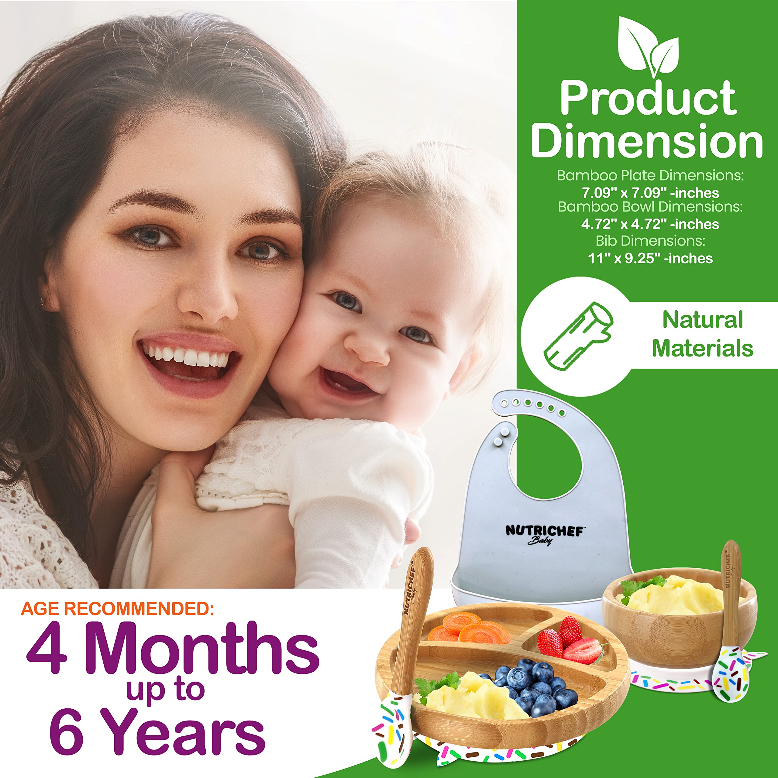 NutriChef Baby and Toddler, 3 compartment plate, bowl, and spoon feeding set- silicon suction, Non-toxic all natural Bamboo baby food plate with silicon bib