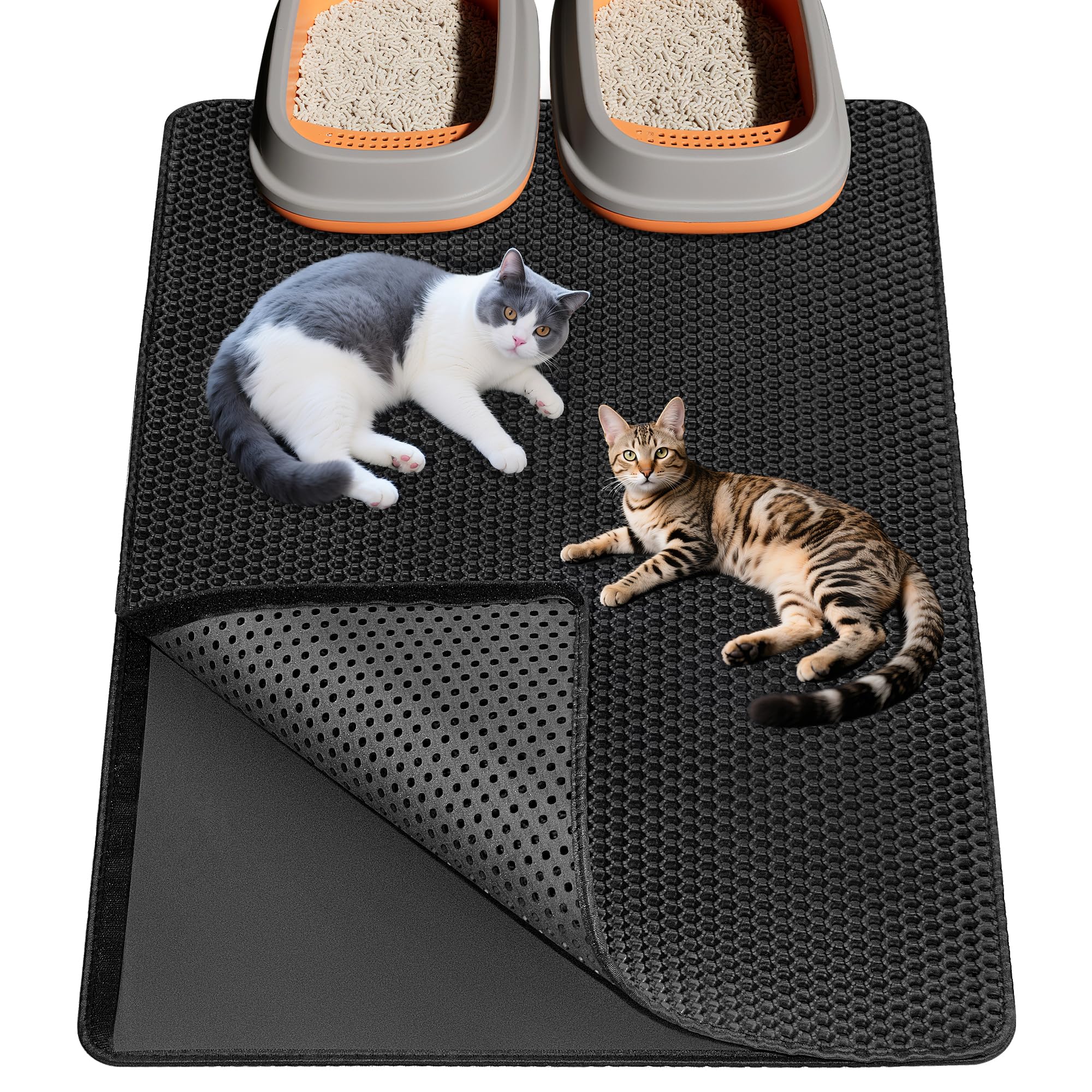 Ycozy Cat Litter Mat 90 X 60 cm Large Litter Trapping Mat Double Layer Waterproof Cat Litter Tray Mat Honeycomb Holes Design Cat Mat Non-Toxic Nonslip Black