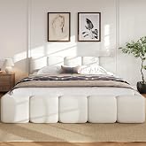 Merax King Boucle Platform Bed with Thick Headboard and Footboard, White | Block-Style Upholstery Floor Bed Frame with Low-Profile Design for Modern Bedrooms