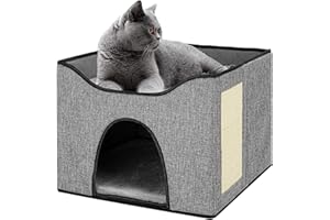 Teodty Cat Beds for Indoor Cats, Large Cat House for Pet Cave Bed with Scratch Pad, Foldable Cat Cube Condo with Reversible Cushion, Hideaway Cat Bed for Multi Small Pet Under 20 lbs, Grey
