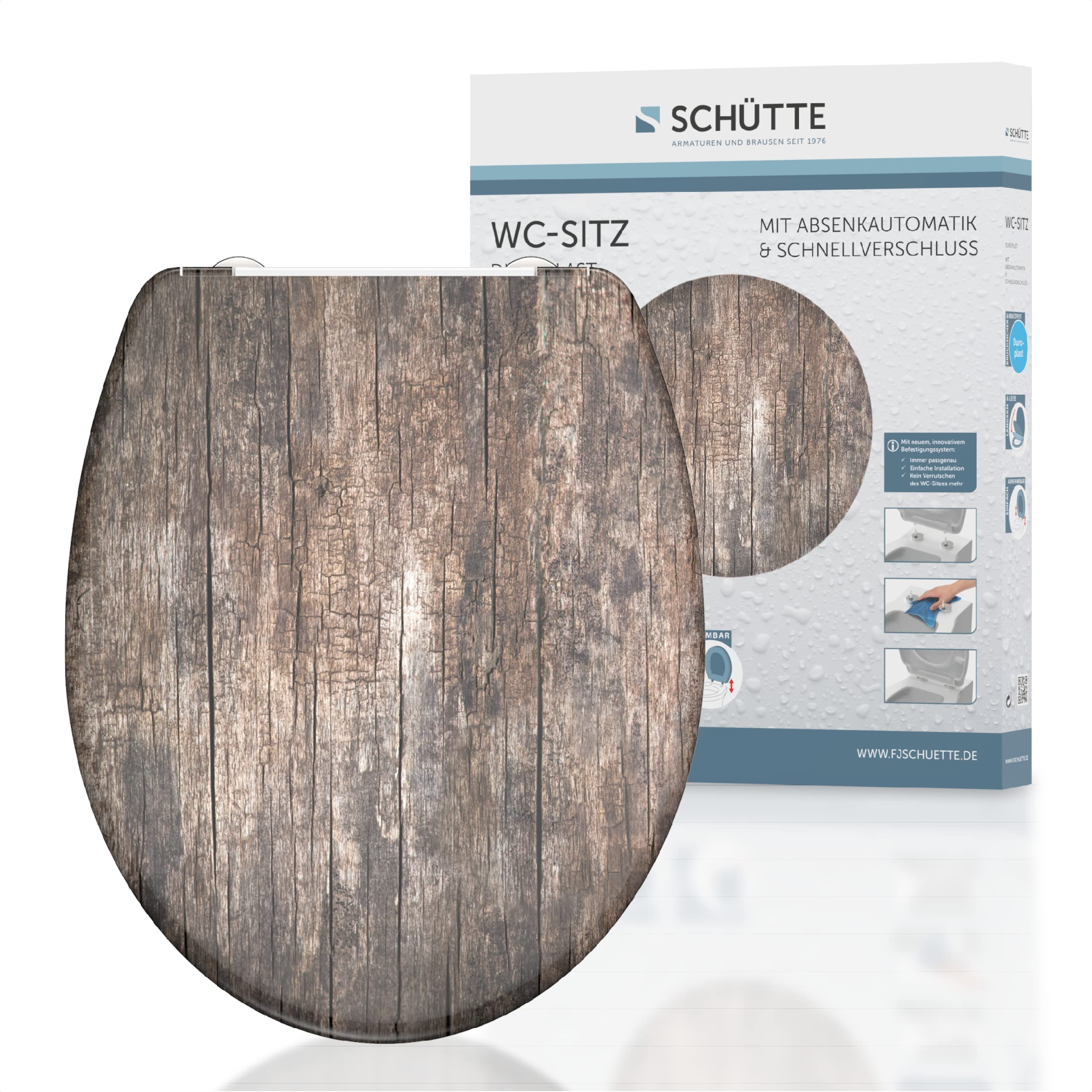 SCHÜTTE 82368 Duroplast Old Wood Toilet Seat with Soft-Close Mechanism and Quick Release for Easy Cleaning Maximum Load of The Toilet Seat 150 kg Wood Effect Design