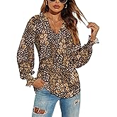Romanstii Women's Casual V-Neck T-Shirts Loose Puff Long Sleeve Tops Tunic Blouses