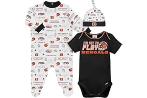 Gerber NFL Boys' 3 Pack Bodysuit Sleep N Play Footie Cap Registry Gift Set, Team Color, 0-3 Months
