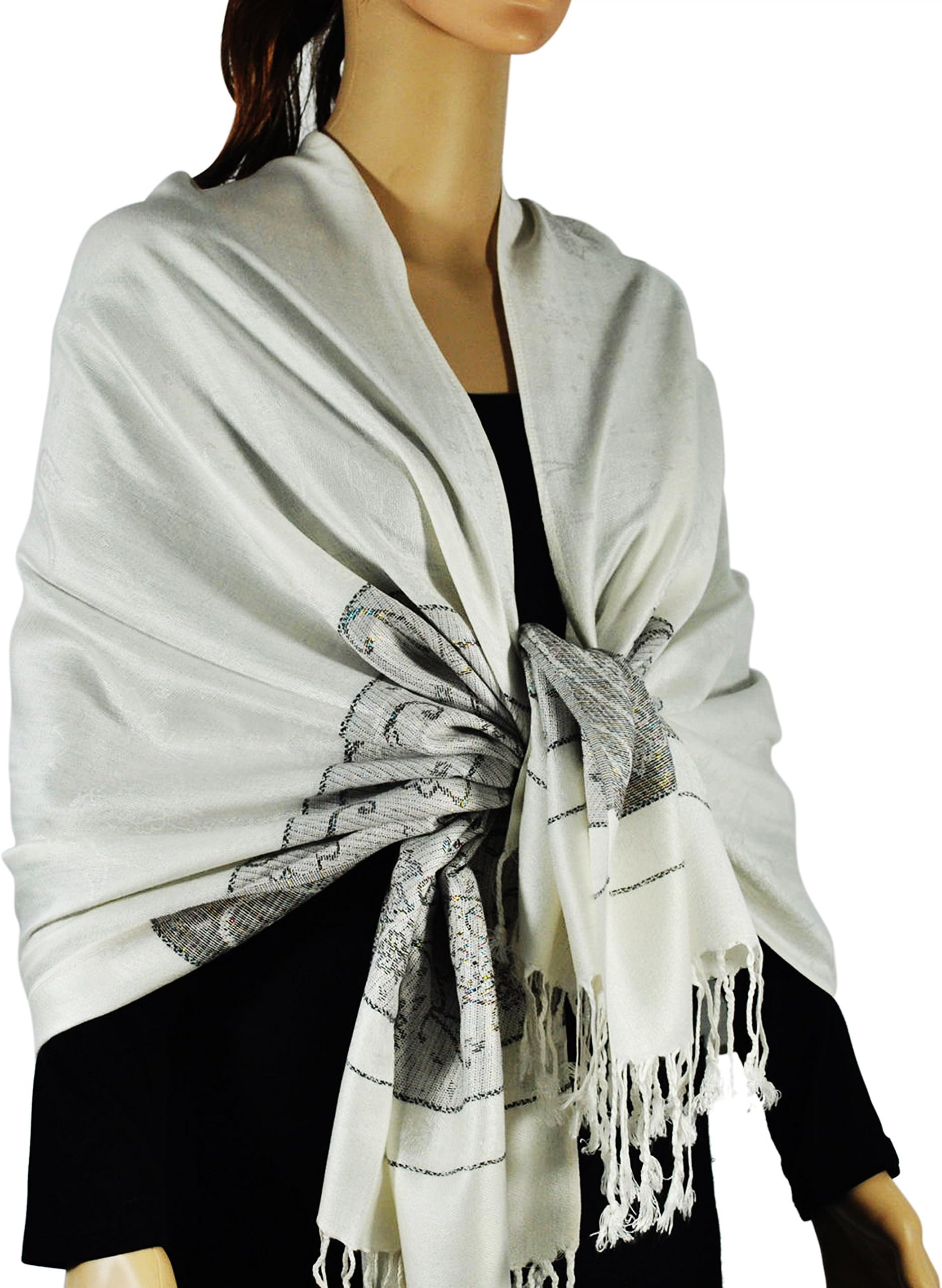 Women Metallic Paisley Pattern Woven Shawl Dual Colors with Fringes