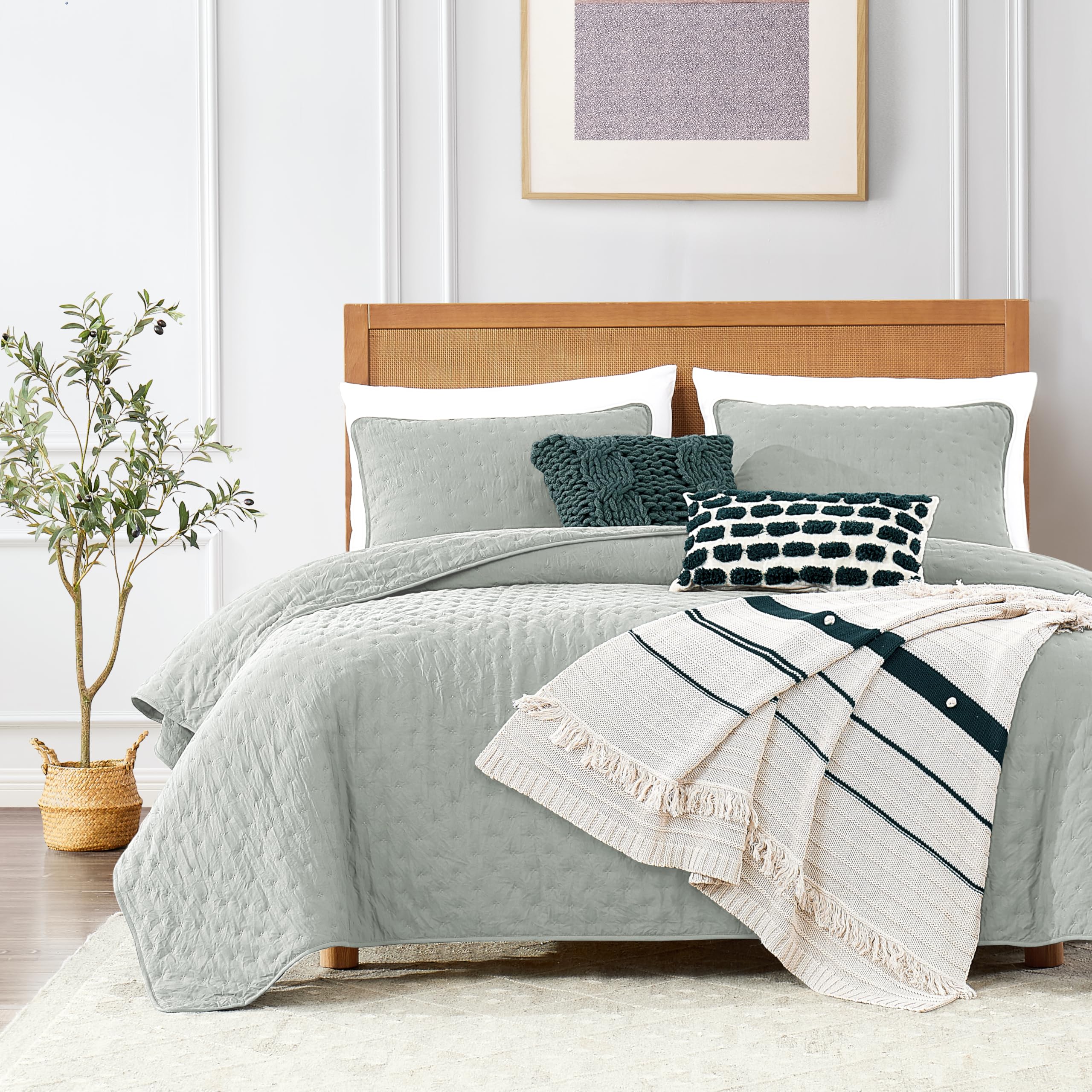 Photo 1 of ROARINGWILD California Cal King Size Quilt Bedding Sets with Pillow Shams, Sage Green Oversized Lightweight Bedspread Coverlet, 3 Pieces, 118x106 inches