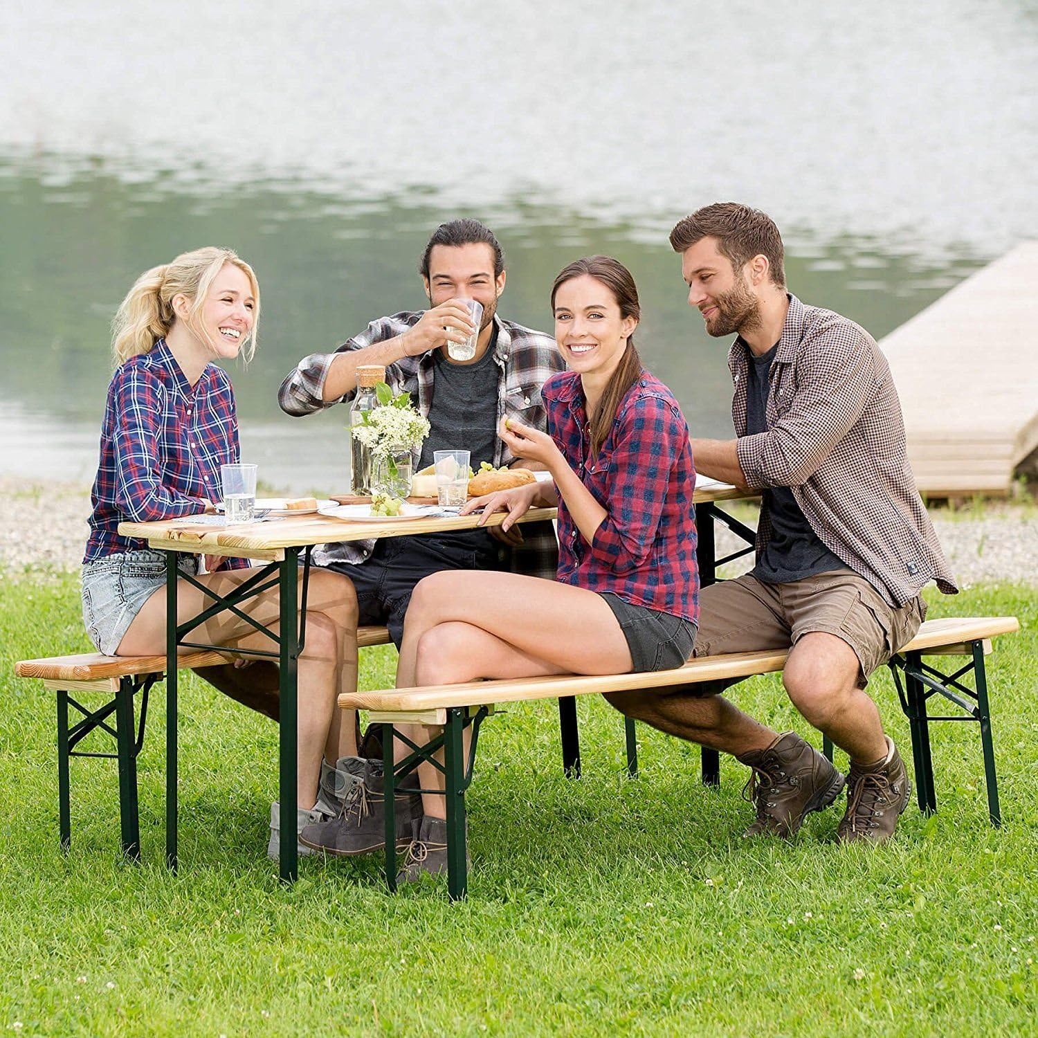 Giantex 70” 3-Piece Portable Folding Picnic Beer Table with Seating Set Wooden Top Picnic Table for Patio Outdoor Activities Garden Use, 30” Table Height: Kitchen & Dining