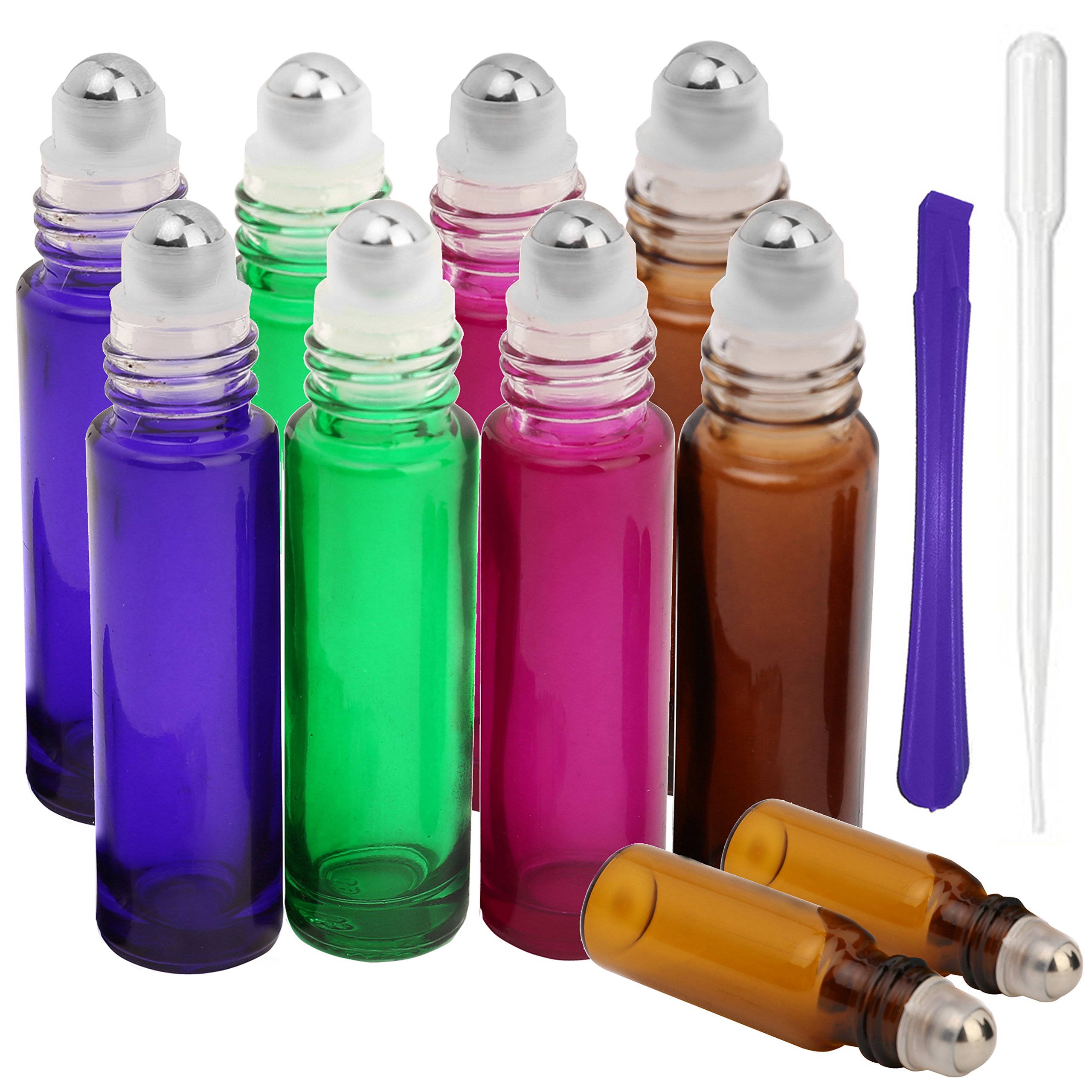 8, 10ml and 2, 5ml Glass Roller on Bottles with Stainless Steel Roller Ball - Refillable Essential Oil Roller Bottles with Lid Opener Pry Tool & 1 Transfer Pipette,for Aromatherapy,by JamHooDirect