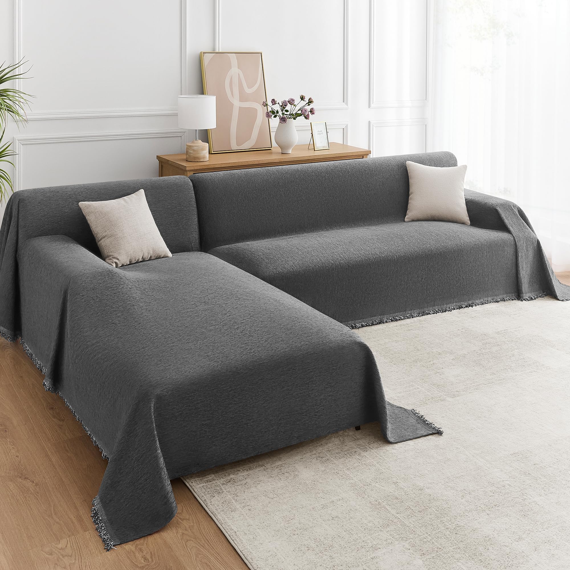 Photo 1 of Maymiss Sectional Couch Covers 2-Piece Set for L-Shaped Sofas, Pet Friendly Washable Furniture Protector, Chenille Couch Blanket Fits 2-3 Cushion Couches(71"x118"+71"x118", Dark Grey)