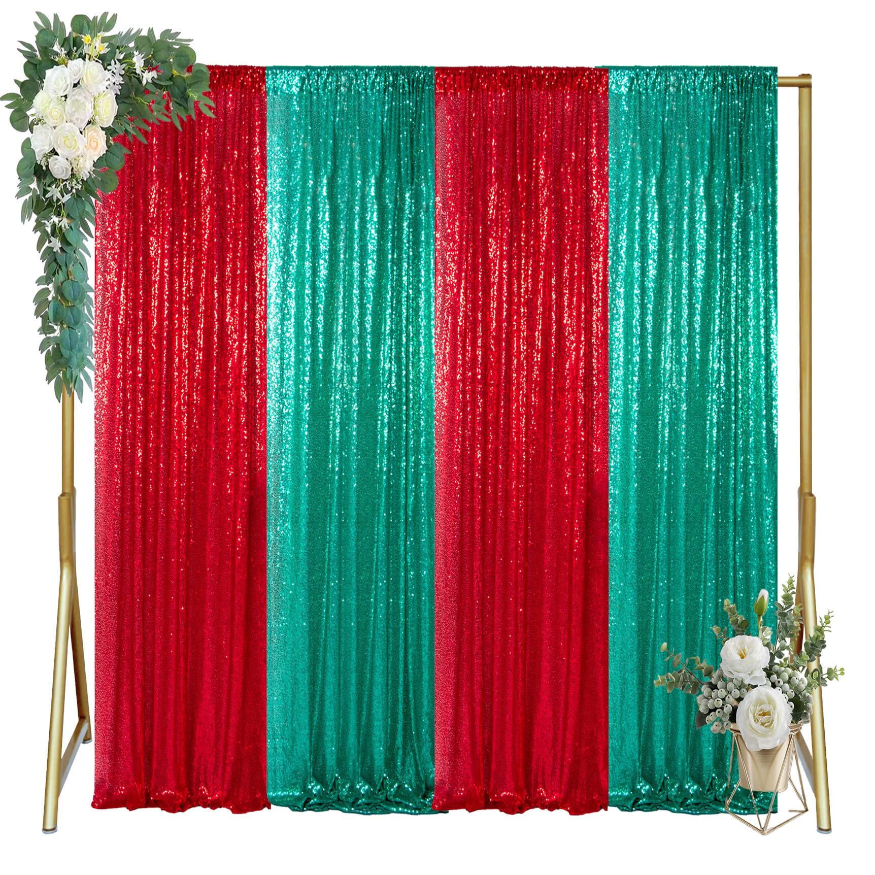 Photo 1 of ShinyBeauty Green & Red Sequin Photo Backdrop - 4 Panels 2x8ft Reusable Studio Background for Photography, YouTube Videos, Baby Showers, Wedding Decorations