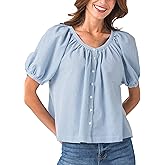 Tanming Womens Summer Plaid Button Down Shirts Short Puff Sleeve Cotton Crew Neck Gingham Blouses Tops