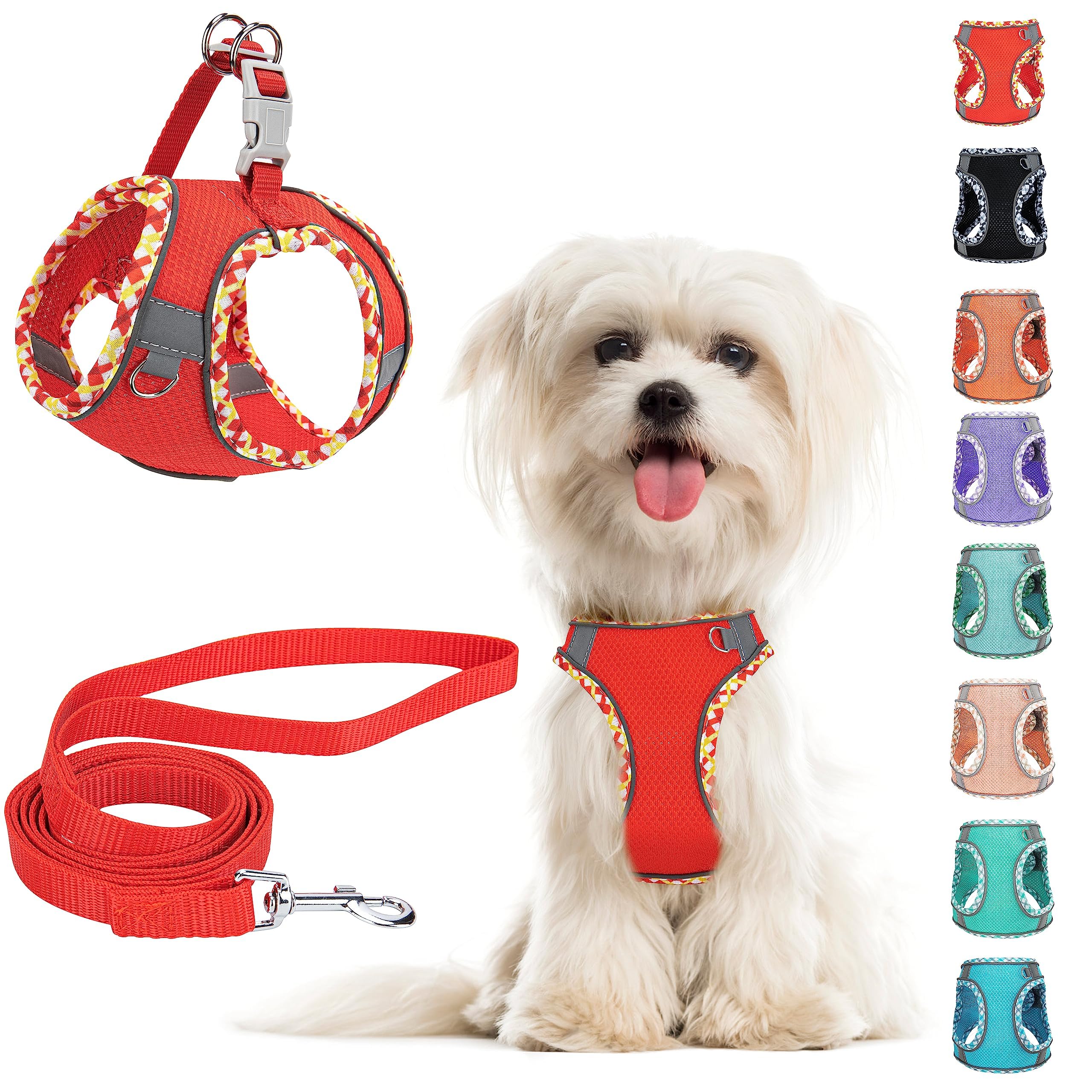 Small Dog Harness and Leash Set, No Pull Adjustable Reflective Breathable Mesh Step in Dog Harness Easy Walk Dog Harness for Extra Small/Small Medium Dog Cats Puppy (Red, S)