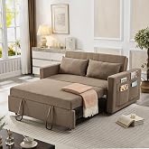 N NOORDENIYA 55.5" Fabric Sofa Bed, Pull Out Sleeper Sofa Bed, Brown | Loveseat Couch with Side Pocket, 3 in 1 Convertible Sleeper Sofa Bed for Living Room, Apartment, Bedroom, RV