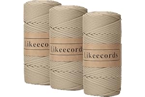 Likeecords 3 Skeins of 4mm Polyester Braided Macrame Cord 140Yard /426Feet,Elastic Yarn for Crocheting Bag Cord for DIY Crafts,Plant Hangers, Bag, and Home Decorations (Khaki)