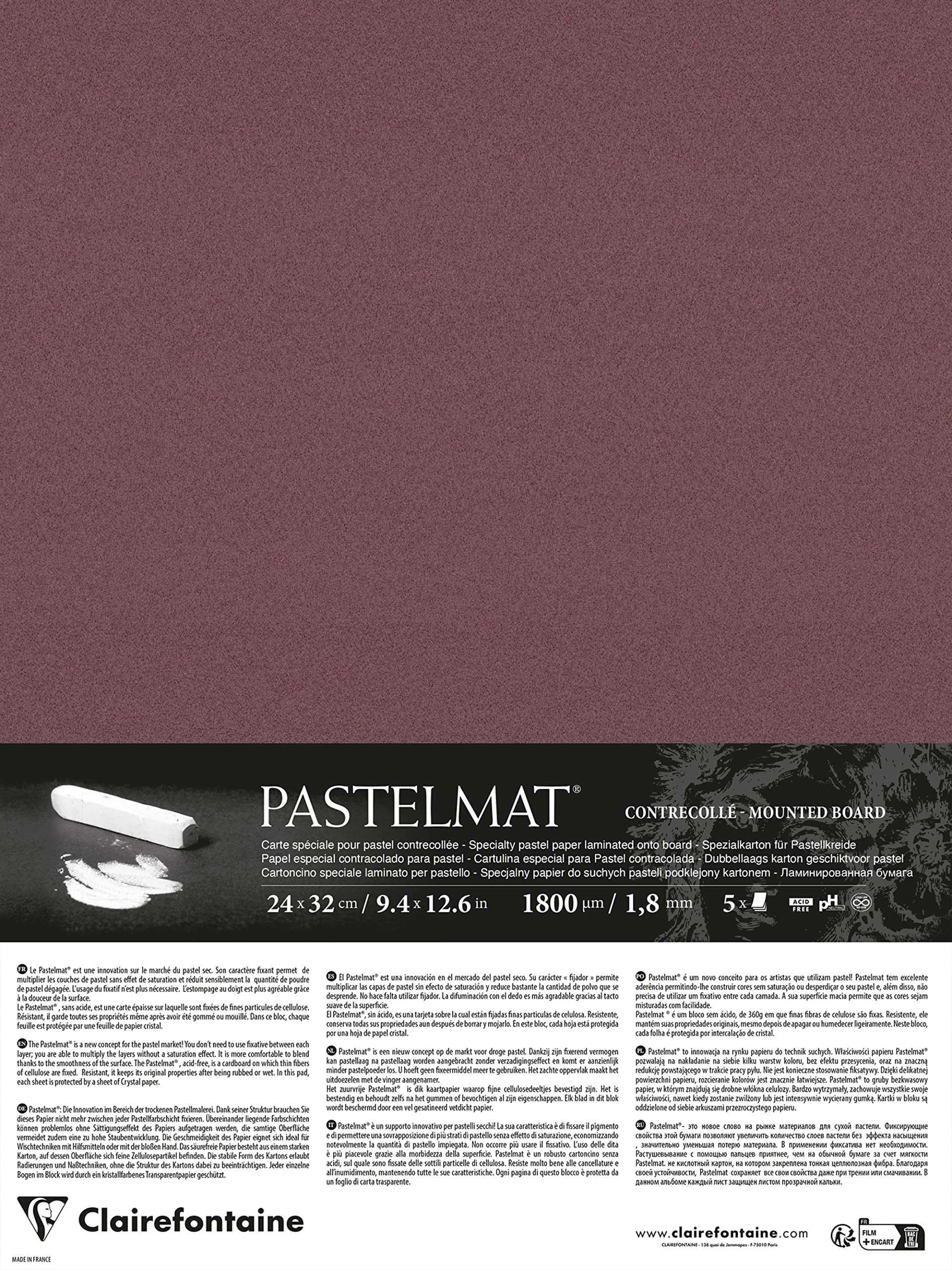 Clairefontaine 796016C - Pastelmat Laminated Paper - 5 Laminated Sheets Special Card for Dry Pastels - 24x32 cm 360g 1.8 mm - Wine Red - Made in France