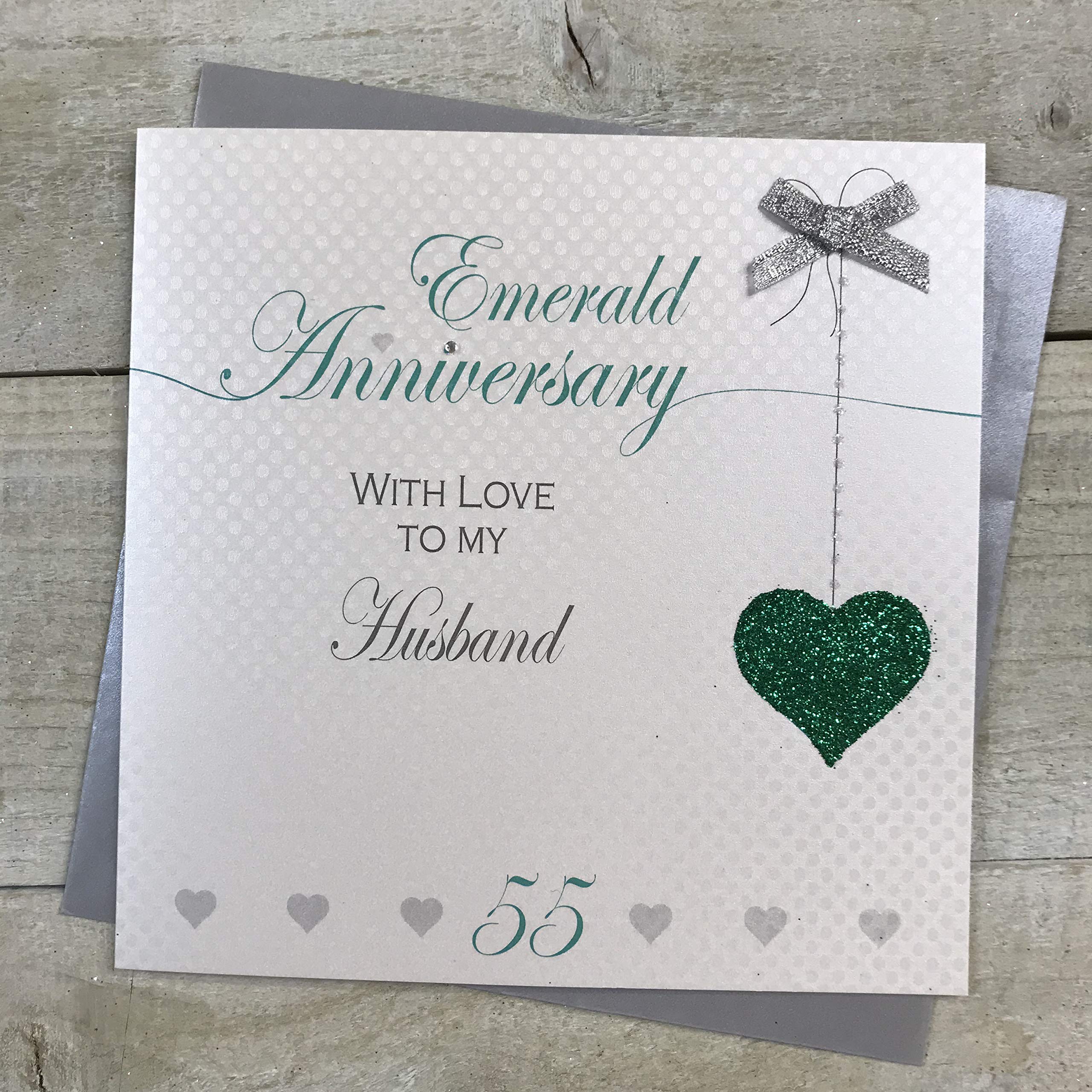 Husband 55th Emerald Wedding Anniversary Handmade Card - Love Lines - by WHITE COTTON CARDS LLA55H, green|grey,16cm x 16cm
