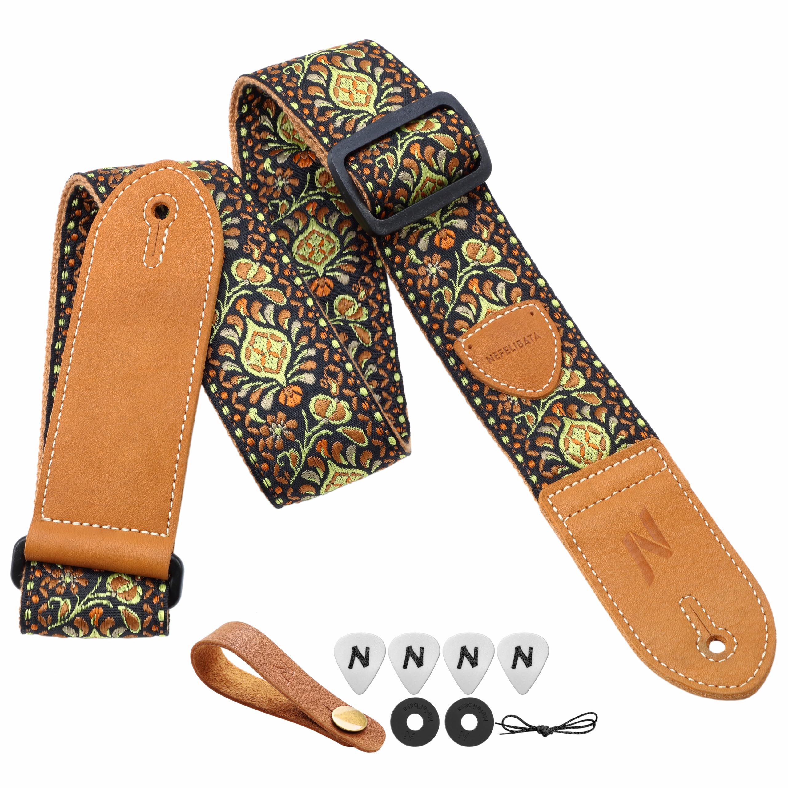 Nefelibata Guitar Strap,Double leather ends,Vintage Woven W/FREE BONUS-4 Picks+Strap Locks+Strap Button,Best Gift For Bass,Electric&Acoustic Guitars for Guitar(Vintage gold yellow embroidery)