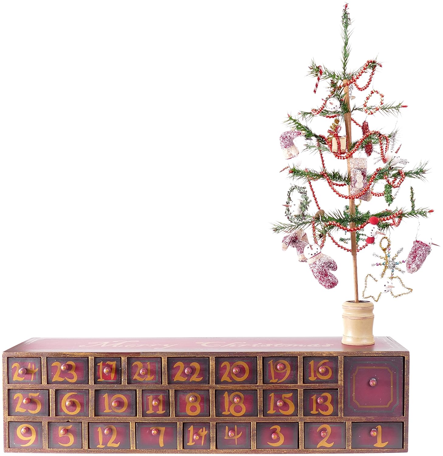 Vintage Snowman Wooden Advent Calendar With Drawers Tree And Ornaments 