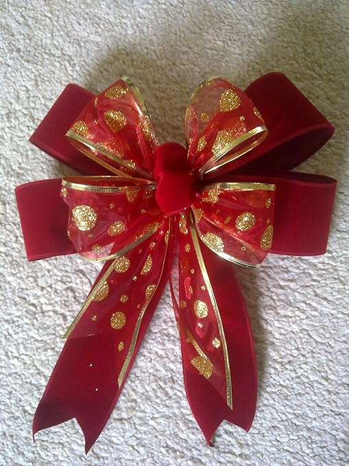 Red &amp; Gold Ribbon Large Christmas Tree Topper Garland Bow Decoration